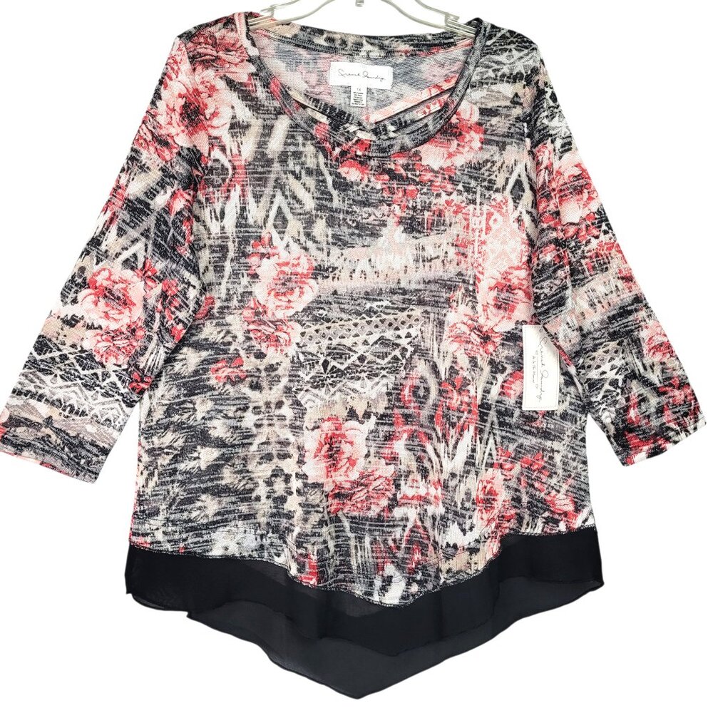 French Laundry Knit Top Women's 1X Red Black Floral Handkerchief Hem Lightweight